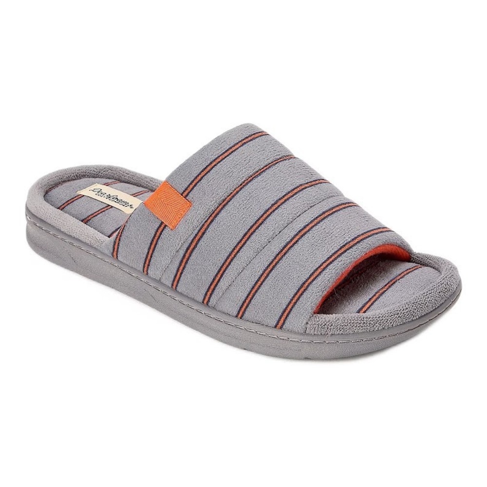 Dearfoams Cozy Comfort Mens Striped Slide Slippers Grey Orange XL 13-14 Wide
